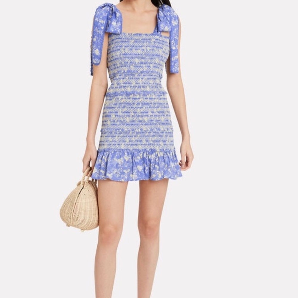 EUC LoveShackFancy Blue Cottagecore Smocked Floral Sleeveless Belle Mini Dress S